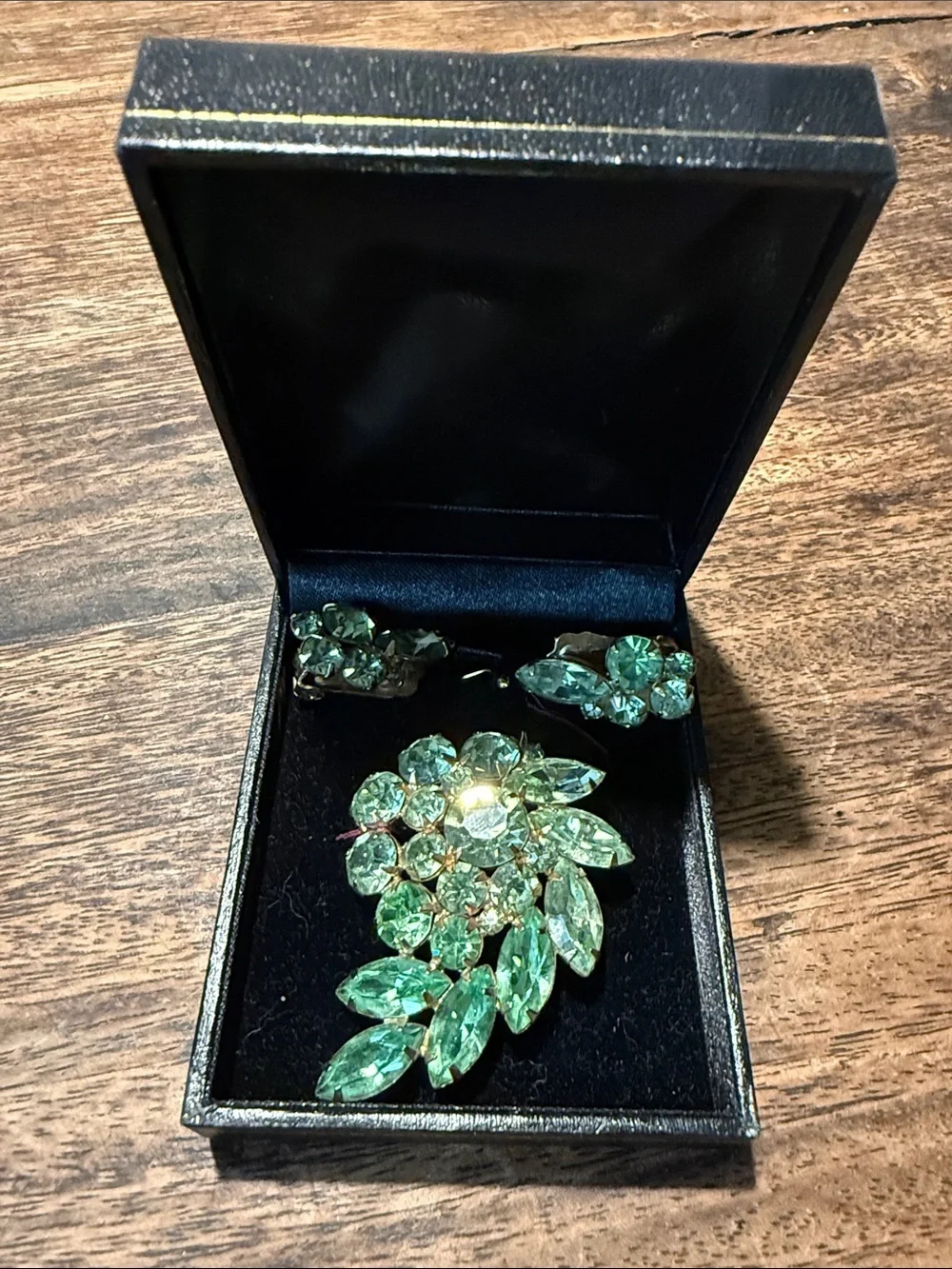 Signed WEISS Vintage Peridot Green Rhinestone Brooch & Clip Earrings Set